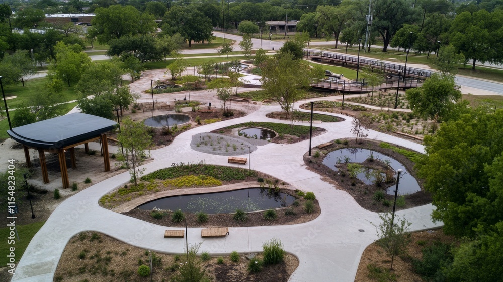 Green infrastructure integrates rain gardens and winding walkways, creating a harmonious urban habitat with cyclists and small footbridges for community enjoyment Green infrastructure integrates rain gardens and winding walkways, creating a harmonious urban habitat with cyclists and small footbridges for community enjoyment