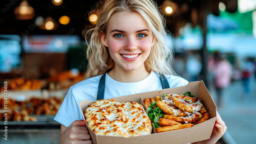 Smiling young woman chef serving food at a vibrant food truck
Smiling young woman chef serving food at a vibrant food truck