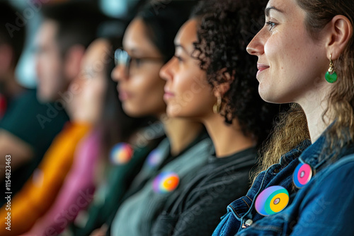 Group of people wearing pronoun badges at a workplace meeting, representing inclusivity photo