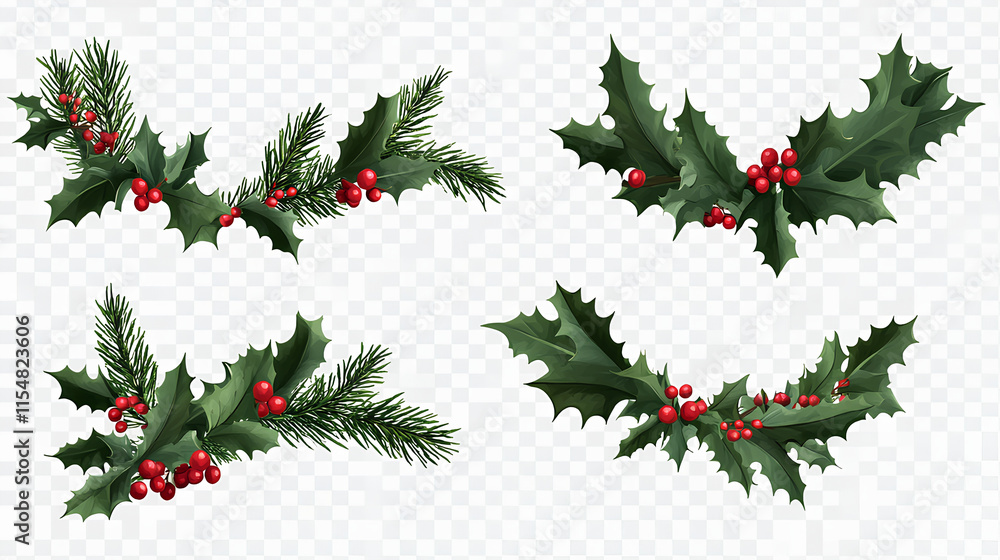 Collection set of Holly branches with leaves and berries, traditional natural green an Holidays ornaments isolated on white background Collection set of Holly branches with leaves and berries, traditional natural green an Holidays ornaments isolated on white background