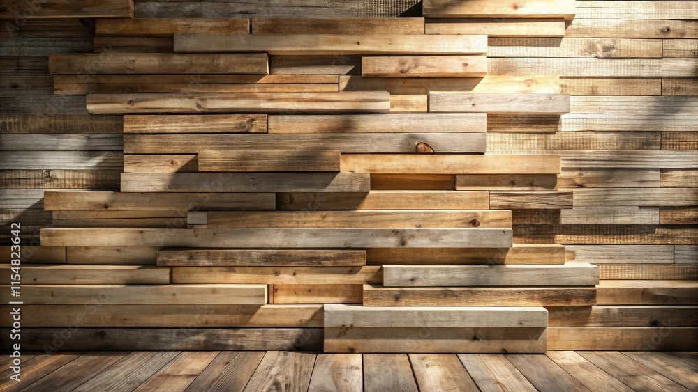 Rustic Wooden Wall Paneling with Warm Light and Shadow Effects on a Wood Floor Rustic Wooden Wall Paneling with Warm Light and Shadow Effects on a Wood Floor
