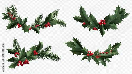 Collection set of Holly branches with leaves and berries, traditional natural green an Holidays ornaments isolated on white background