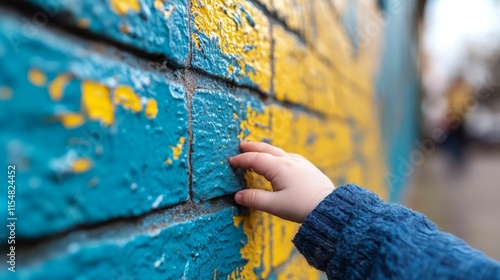 A small child's hand reaches out to explore the vibrant textures of a colorful mural, capturing a moment of curiosity and discovery in a lively urban setting photo