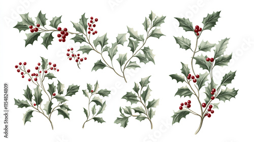 Collection set of Holly branches with leaves and berries, traditional natural green an Holidays ornaments isolated on white background