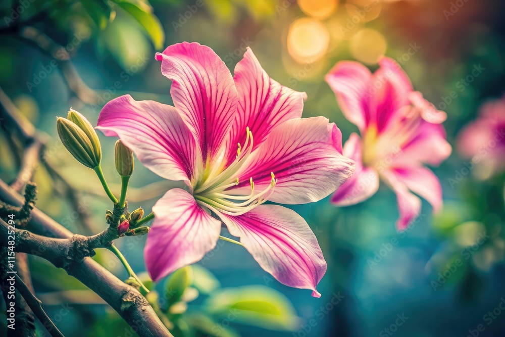Fototapeta premium Pink Bauhinia variegata orchid tree flowers, fabaceae family, stand out against a dreamy, unfocused natural scene.