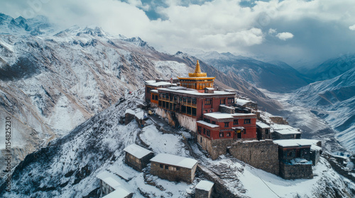 Himalayan Monastery Snowscape: Aerial View of Buddhist Temple