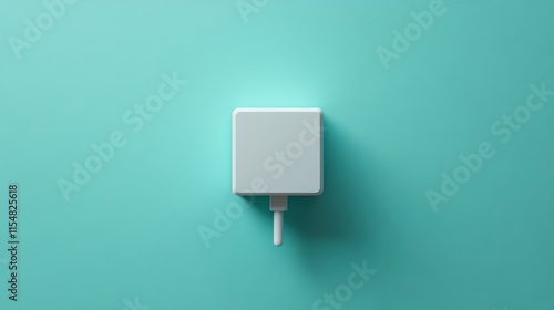 Minimalist white cube with plug on teal background.