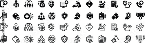 Treatment, prevention, medical, health, diagnosis, report, illness, injury and more. Healthcare icon set. Solid vector icons collection.