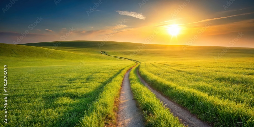 Fototapeta premium Serene Sunset Over Rolling Green Fields, a Dirt Road Beckoning Towards the Golden Horizon