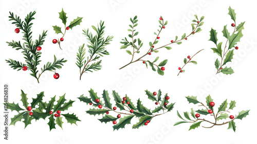 Collection set of Holly branches with leaves and berries, traditional natural green an Holidays ornaments isolated on white background
