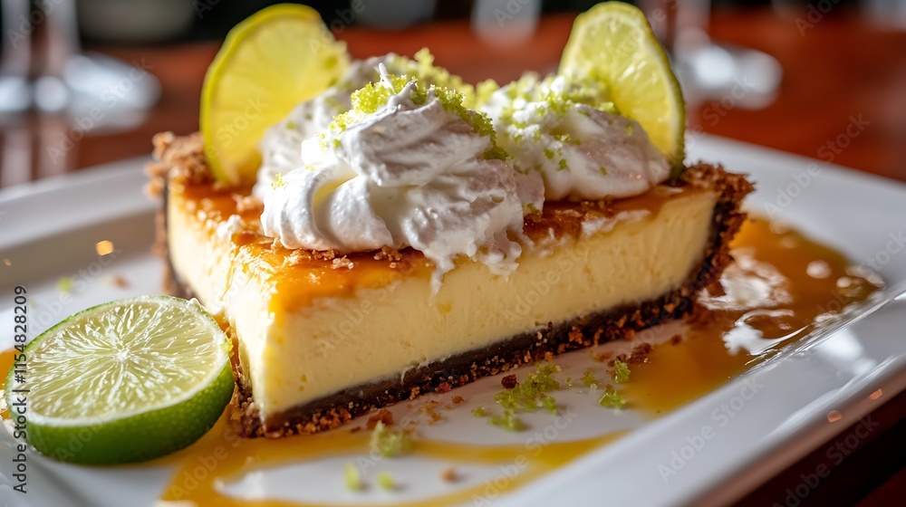 A cut of rich key lime pie finished off with a topping of whipped cream and lime zing with a little citrus cut A cut of rich key lime pie finished off with a topping of whipped cream and lime zing with a little citrus cut