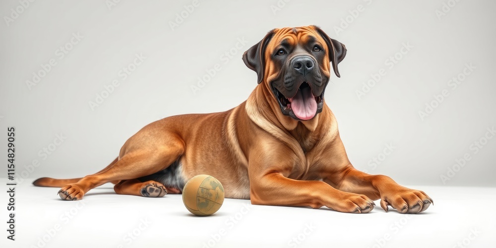 Obraz premium A relaxed dog rests beside a ball, showing excitement and readiness for play. The clean and simple background highlights the dog's playful nature and demeanor