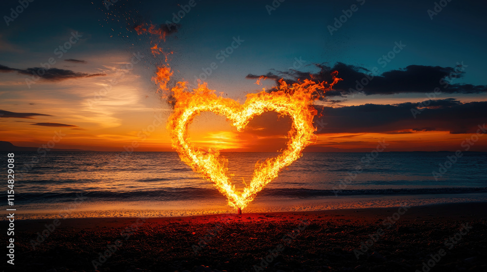 Fototapeta premium A vibrant sunset over the ocean with a heart-shaped flame in the foreground, symbolizing love and passion.