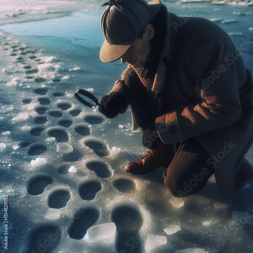 248 Man wearing a Sherlock style deerstalker hat examining icy f photo