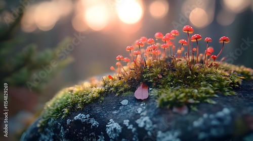 Wallpaper Mural Vibrant fungi growth on mossy rock nature trail macro photography serene forest close-up natural beauty Torontodigital.ca