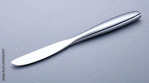 Modern silver butter knife isolated on grey background.