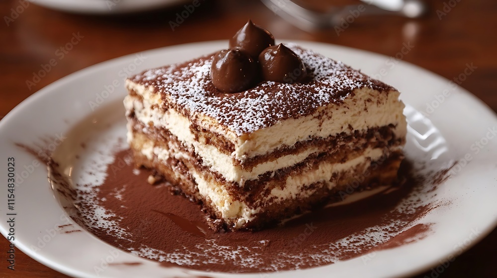 An dessert consisting of layers of sponge cake soaked in coffee and brandy or liquor with powdered chocolate and mascarpone cheese An dessert consisting of layers of sponge cake soaked in coffee and brandy or liquor with powdered chocolate and mascarpone cheese