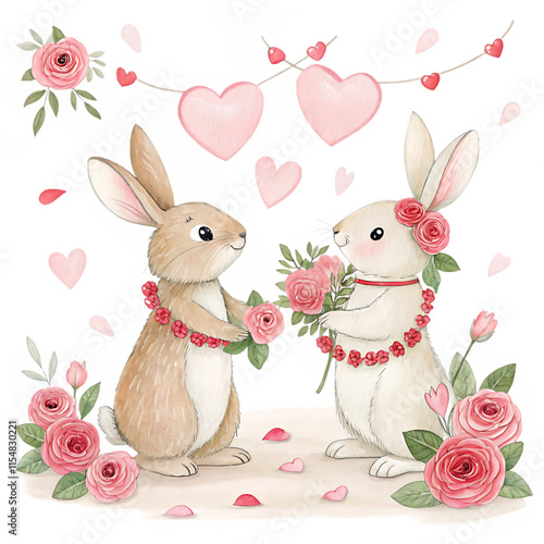 Valentine animals clipart featuring adorable rabbits with roses romantic setting cute illustrations for love themes photo