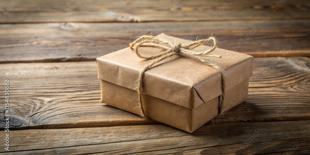 A rustic brown gift box tied with twine, resting on a weathered wooden surface A rustic brown gift box tied with twine, resting on a weathered wooden surface