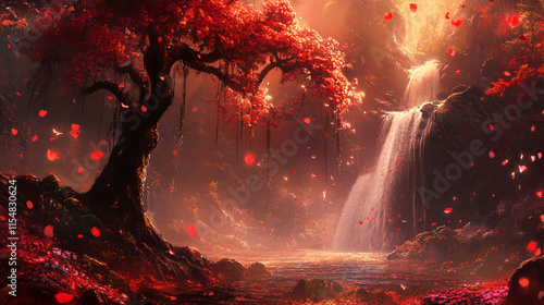 Red Autumn Waterfall Fantasy Landscape Background