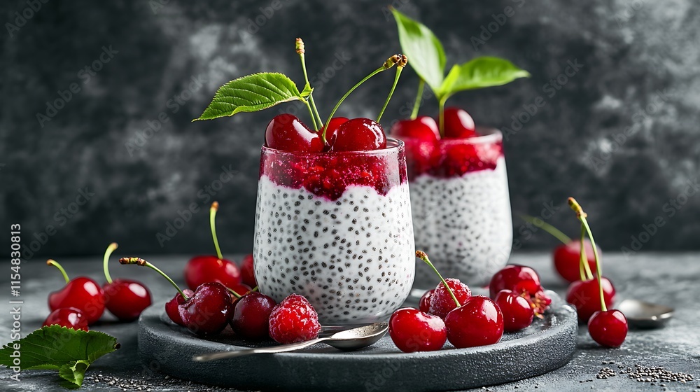 Chia pudding served in a glass on gray surface with cherry berries and natural yogurt Chia pudding served in a glass on gray surface with cherry berries and natural yogurt