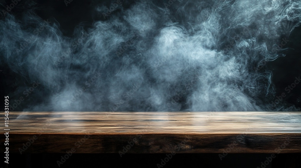 Empty Wooden Table Top with Floating Smoke Against Dark Background Empty Wooden Table Top with Floating Smoke Against Dark Background