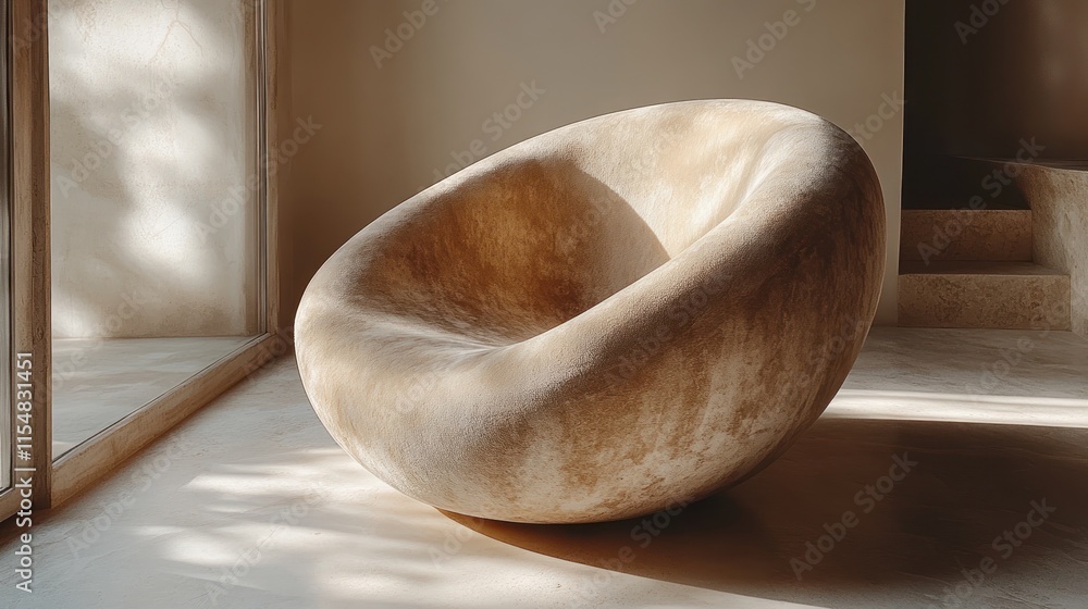 Beige organic modern armchair in sunlit room. Beige organic modern armchair in sunlit room.