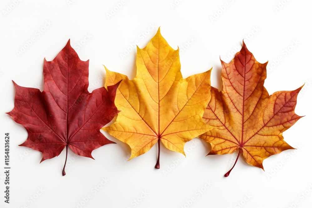 Isolated maple leaves in vibrant autumn shades of orange and yellow against a white background Isolated maple leaves in vibrant autumn shades of orange and yellow against a white background