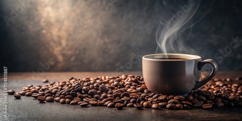 Aromatic cup of freshly brewed coffee with steaming vapor, resting on a bed of roasted coffee beans. photo