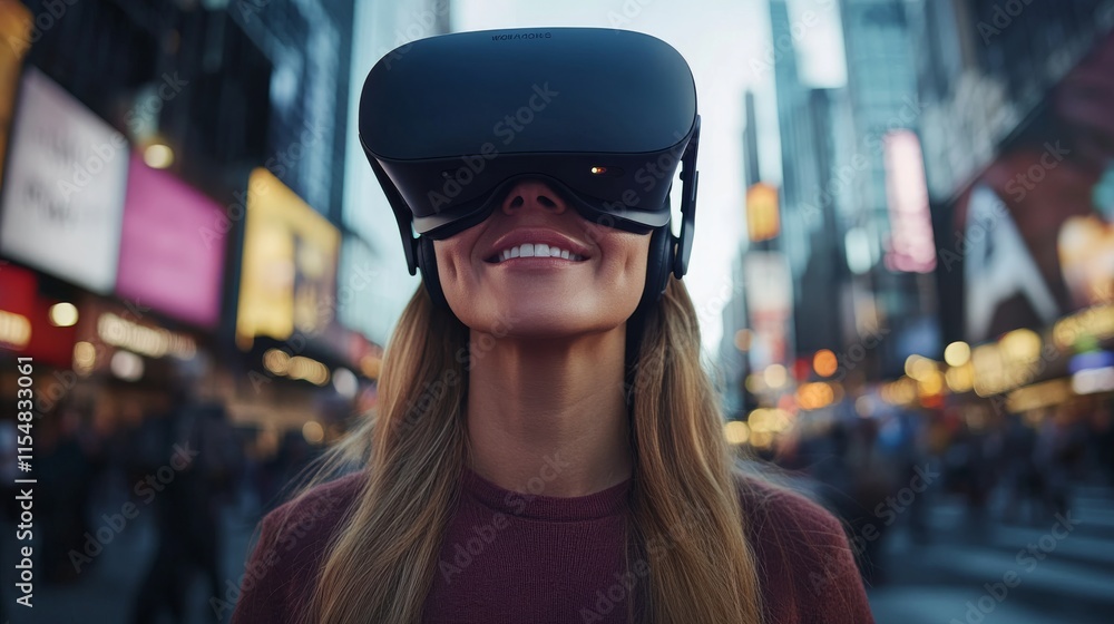 A woman stands on a crowded city street, enjoying augmented reality through a virtual reality headset as colorful holographic displays surround her A woman stands on a crowded city street, enjoying augmented reality through a virtual reality headset as colorful holographic displays surround her