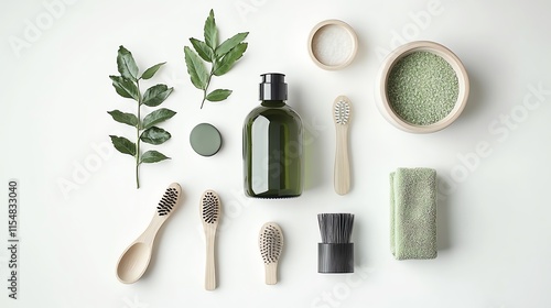 A top-view image of eco-conscious personal care items on a clean white background.--ar 16:9 photo