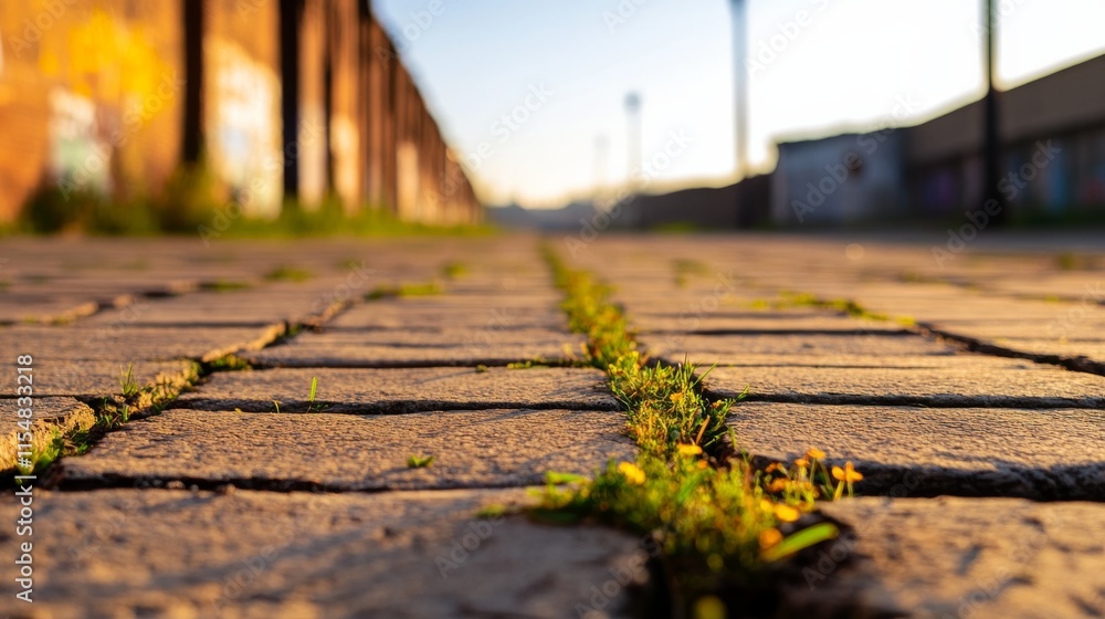 A cracked urban sidewalk supports small wildflowers and grass, highlighting nature's persistence amidst decay from surrounding old brick buildings and lampposts A cracked urban sidewalk supports small wildflowers and grass, highlighting nature's persistence amidst decay from surrounding old brick buildings and lampposts