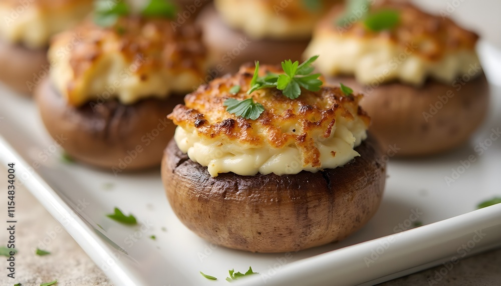 Close-Up of Beef and Blue Cheese Stuffed Mushrooms on White Plate Close-Up of Beef and Blue Cheese Stuffed Mushrooms on White Plate