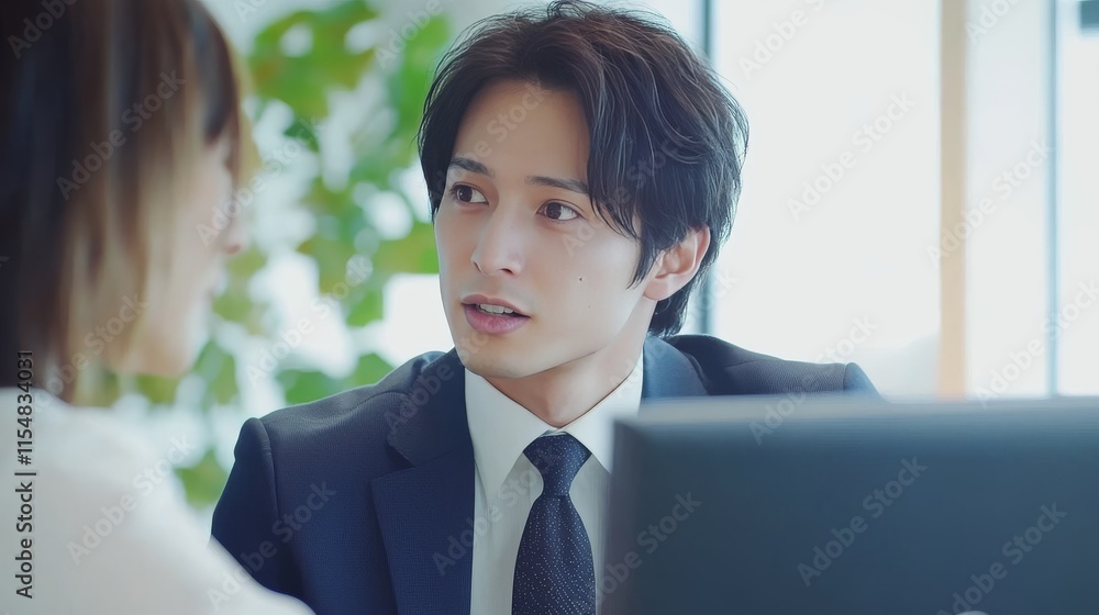 Businessman pointing at computer monitor explaining to colleague in office Businessman pointing at computer monitor explaining to colleague in office