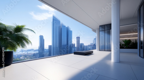 Modern balcony view overlooking a city skyline with sunlight and palm trees. photo