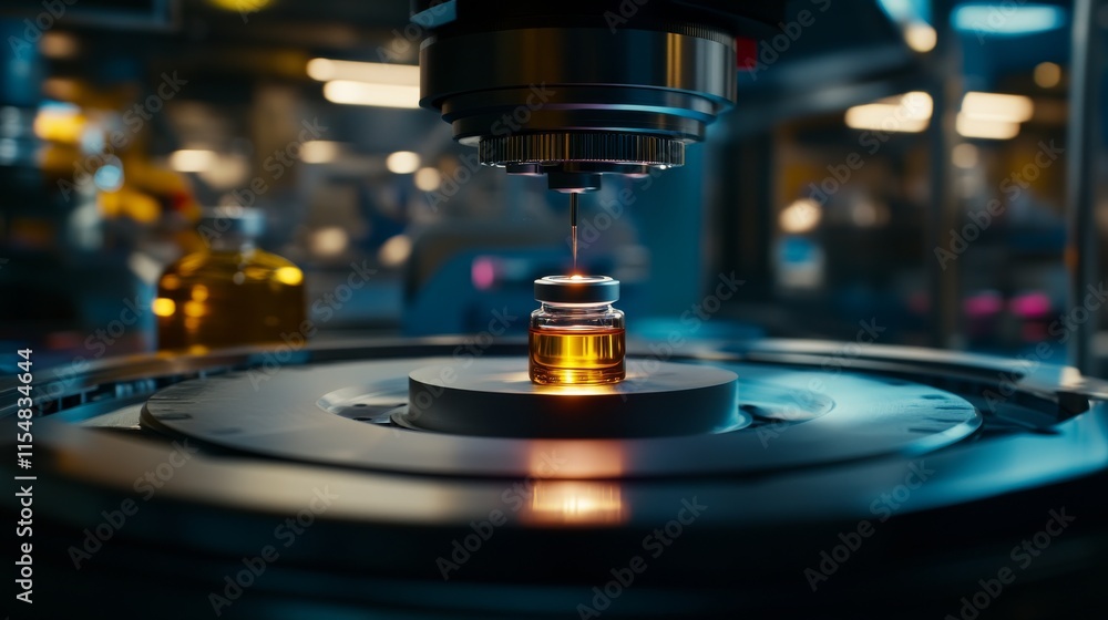 A single medical vial is being securely sealed on a pharmaceutical production line, showcasing precision machinery and creating a sterile environment for production A single medical vial is being securely sealed on a pharmaceutical production line, showcasing precision machinery and creating a sterile environment for production