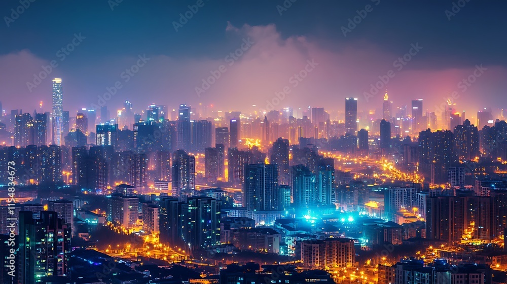 Obraz premium Night Cityscape, Illuminated Metropolis. Concept of Urban Development, Modern Architecture, and Globalisation.