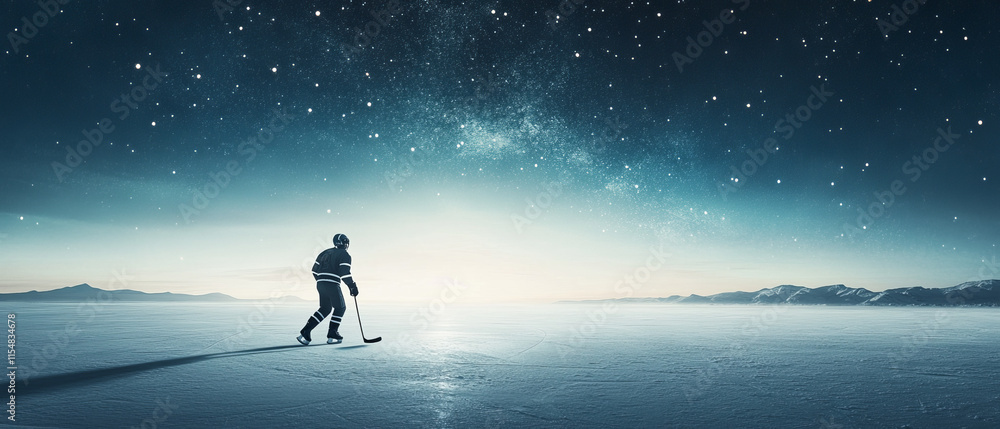 Hockey Player Skating on Frozen Lake Under Starry Night Hockey Player Skating on Frozen Lake Under Starry Night