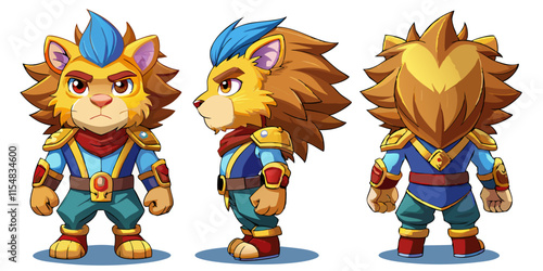 Lion ,game character design sheet, 3 multiple views font, views lateral, views back 