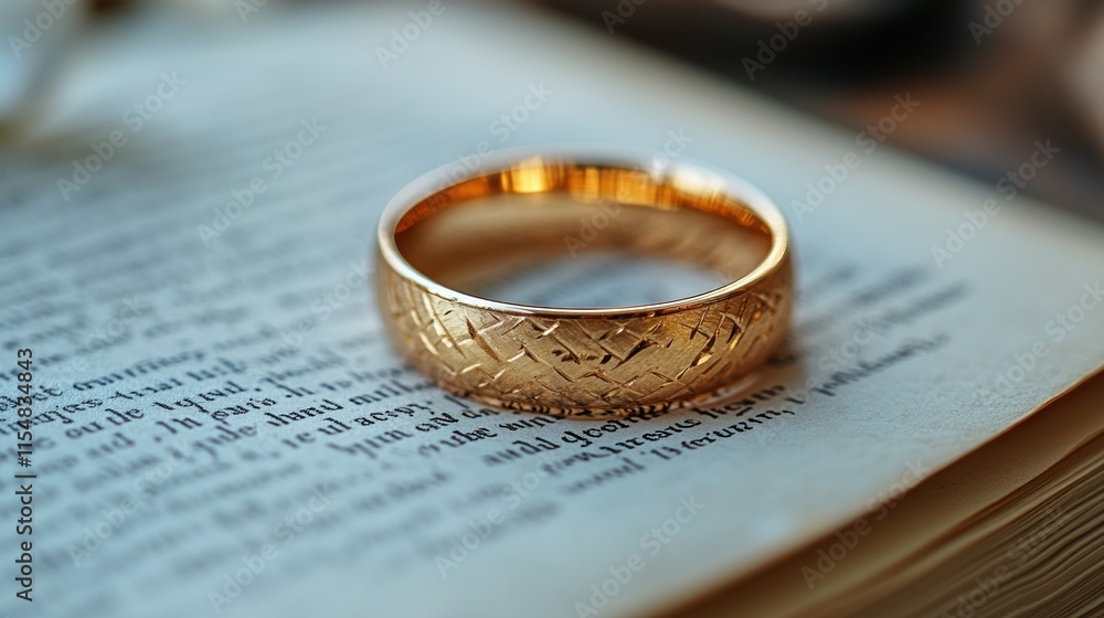 A golden ring with intricate designs resting on an open book page.