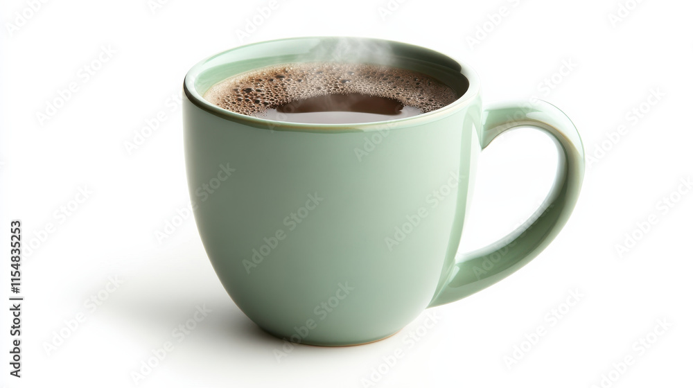 A beautifully designed ceramic coffee mug in pastel green filled with steaming coffee, isolated on a pristine white background, clean and sharp detailing, matte texture of the ceramic, photorealistic A beautifully designed ceramic coffee mug in pastel green filled with steaming coffee, isolated on a pristine white background, clean and sharp detailing, matte texture of the ceramic, photorealistic
