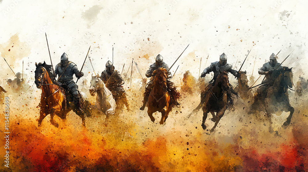 Fototapeta premium Knights in full armor charge on horseback through fiery battlefield, with vivid action and swirling dust creating dramatic and intense scene