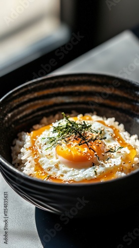 Nama Tamago served in a minimalist bowl, with studio lighting casting soft shadows to enhance the richness of the raw egg and rice combination photo