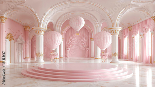Pink palace interior with balloons and stage.