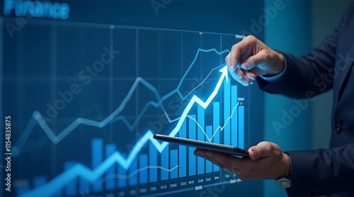 Businessman illustrates growth graph and analyzes financial data for strategic business planning and investment progress on a blue background
