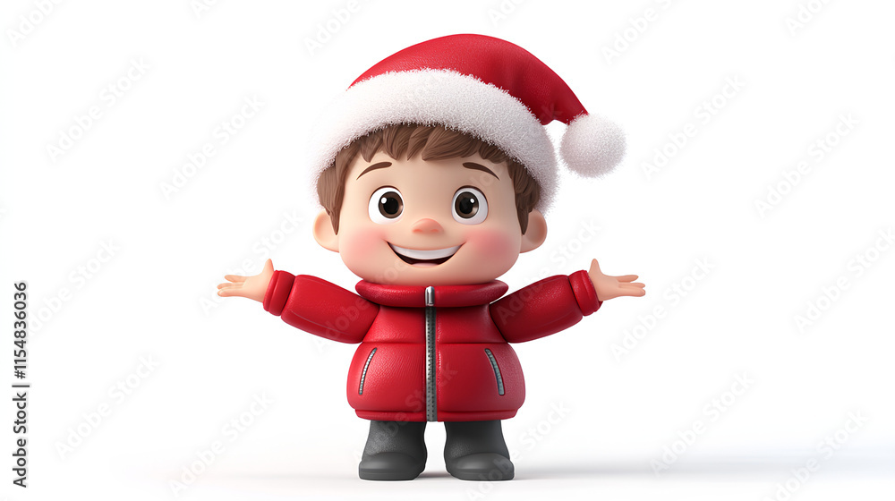 character wearing a Santa hat and a red winter jacket, with a cheerful expression. Cartoonish style suitable for festive-themed projects. Isolated on white background character wearing a Santa hat and a red winter jacket, with a cheerful expression. Cartoonish style suitable for festive-themed projects. Isolated on white background