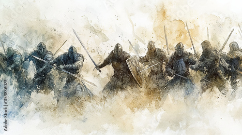 Medieval warriors clash in foggy battlefield, swords and shields raised in fierce skirmish, evoking sense of chaos and valor in historical setting