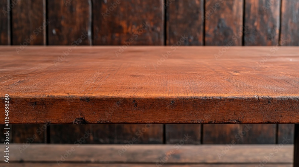 Empty, weathered wooden table displays rich textures and cracks, set against a softly blurred rustic farmhouse wall, offering ample copy space on the right Empty, weathered wooden table displays rich textures and cracks, set against a softly blurred rustic farmhouse wall, offering ample copy space on the right
