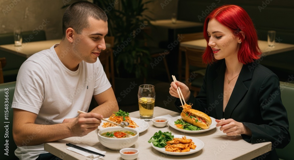 Couple enjoying a delicious asian fusion meal together Couple enjoying a delicious asian fusion meal together