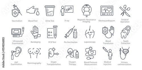 Medical procedures icon set. Vaccination, Blood Transfusion, Urine Test, X-ray, MRI, ECG, Bandaging, PCR, Laparoscopy, Tooth Extraction, ENT, Mammography, Organ Transplantation vector illustration.